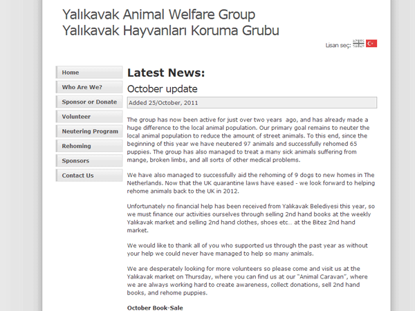 Yalikavak Animal Welfare Group Website Design – December 2009